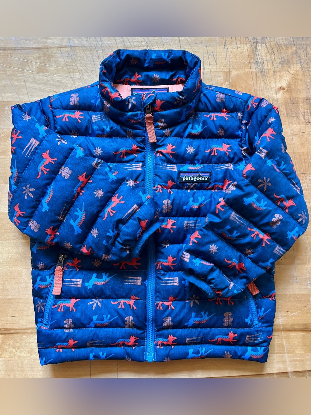 Patagonia Baby Down Sweater Jacket 2T Aztec Fox Print Blue Orange EUC